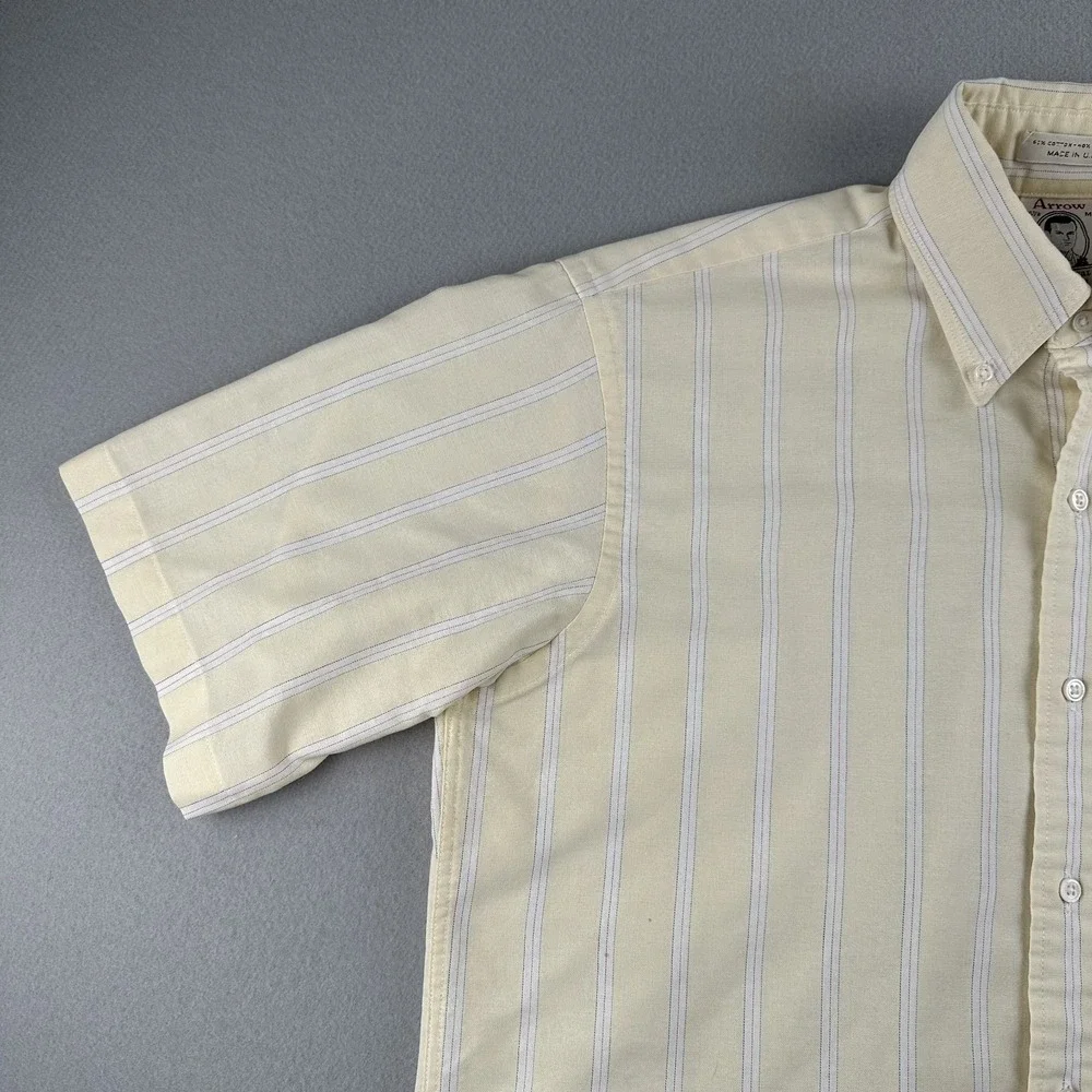 Vintage 70s Arrow Dover Yellow Striped Cotton Blend Shirt Mens 15‎ 1/2 Made USA